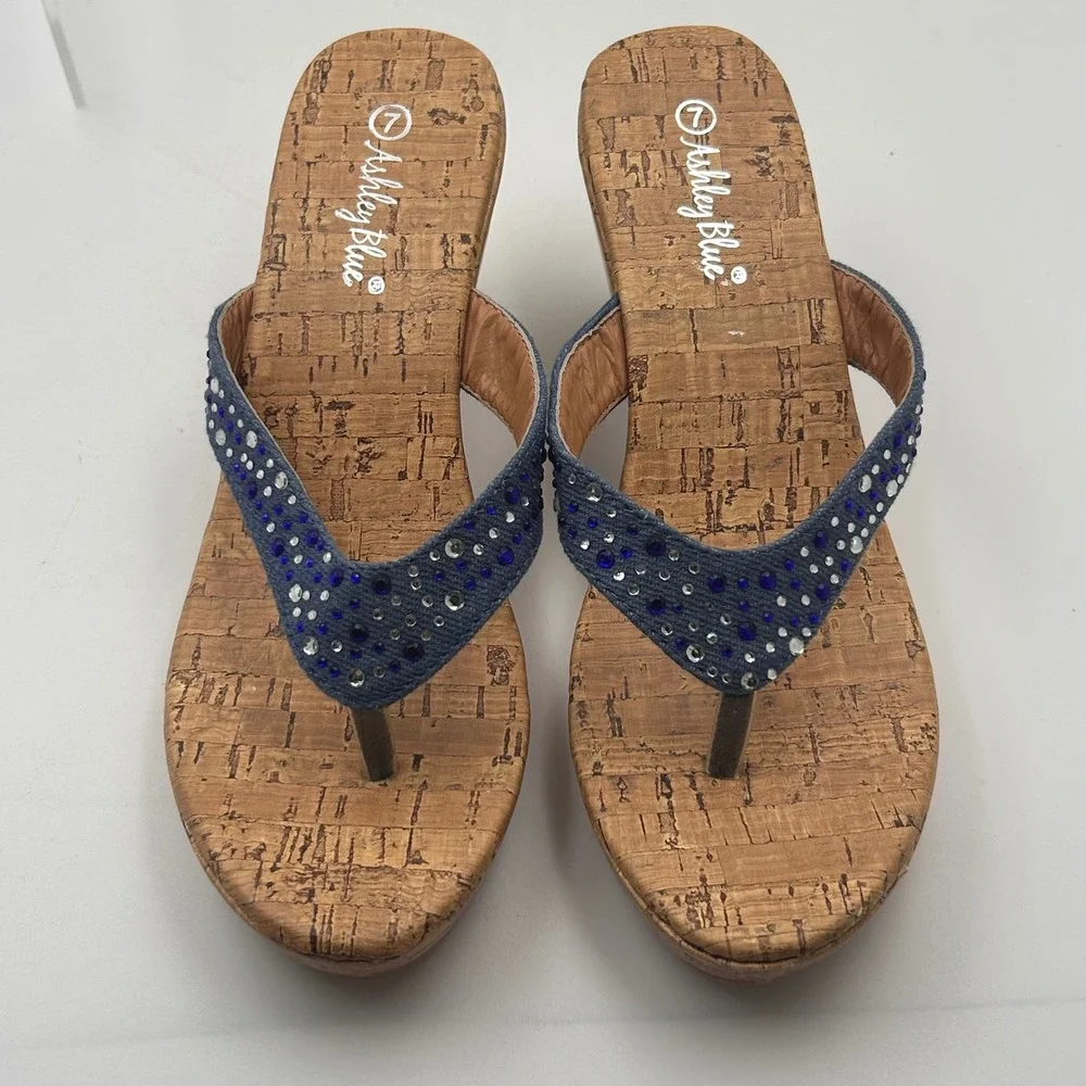 Ashley Blue‎ Wedge Sandals Womens 7 Blue Denim Rhinestone Cork Platform Y2K Boho